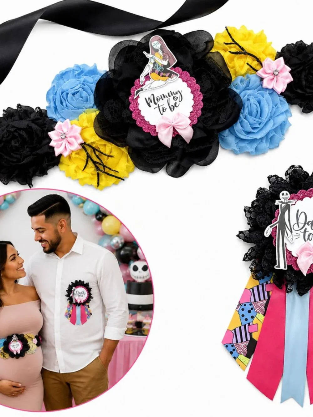 Nightmare Before Christmas Mommy to Be Sash & Daddy to Be Pin Baby Shower Set